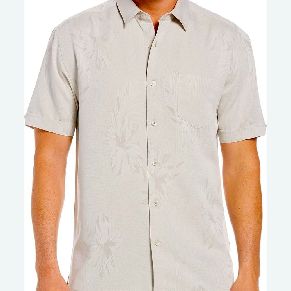 Cubavera Men's Two-Tone One Pocket Floral Print Short Sleeve Button-Down Shirt